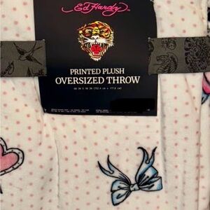 Ed Hardy White and Pink Plush Throw with Skull and Rose Design